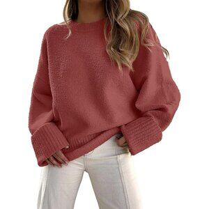 Women's Rust - Birck Red Oversized Long Sleeve Casual Fuzzy Knit Sweaters